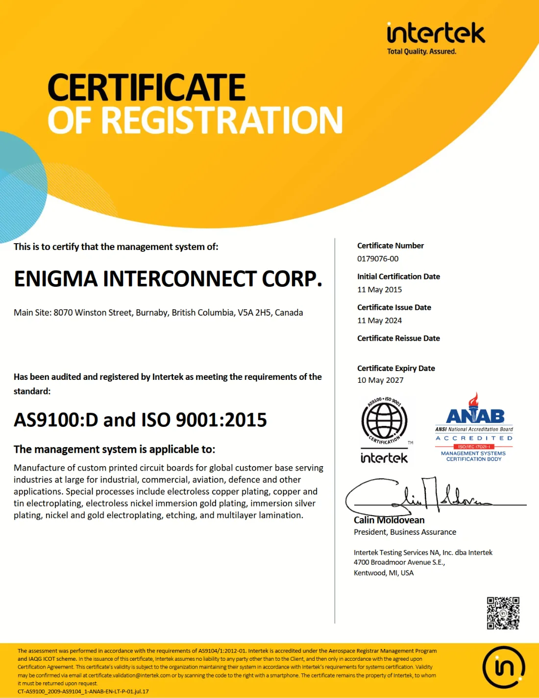 AS9100D certificate of registration